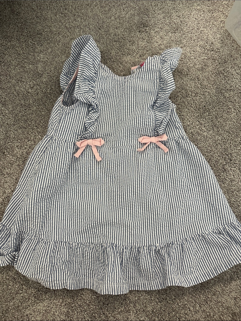 RuffleButts Blue and White Striped Ruffle Kids Dress with Pink Bows